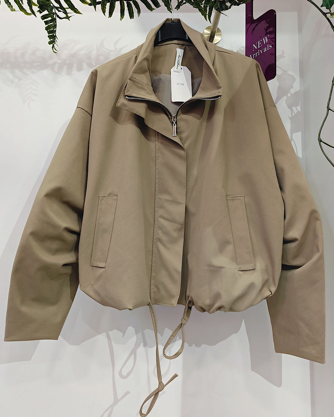 Taupe Funnel Neck Puff Sleeve Jacket with Collar
