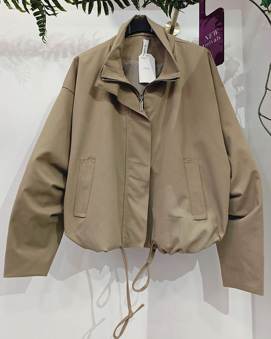 Taupe Funnel Neck Puff Sleeve Jacket with Collar