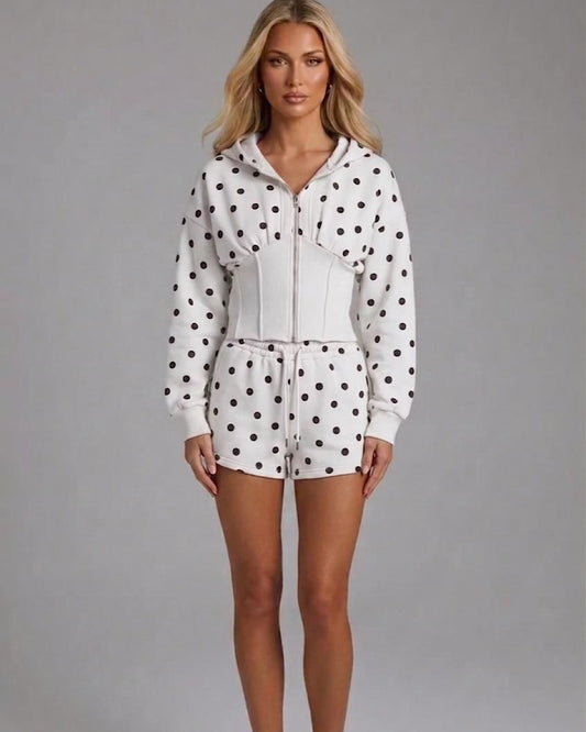 White Polka Hooded Jacket & Shorts Set