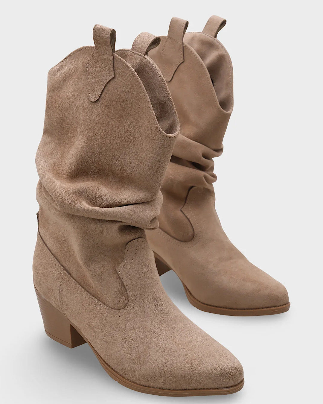 Beige Faux Suede Slouchy Cowboy Boots