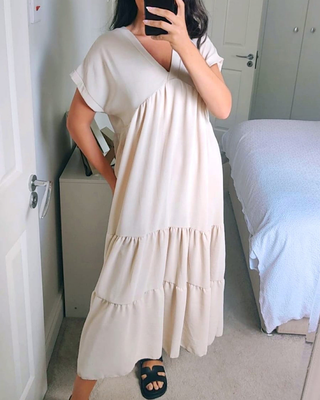 Beige Tiered V Neck Maxi Dress