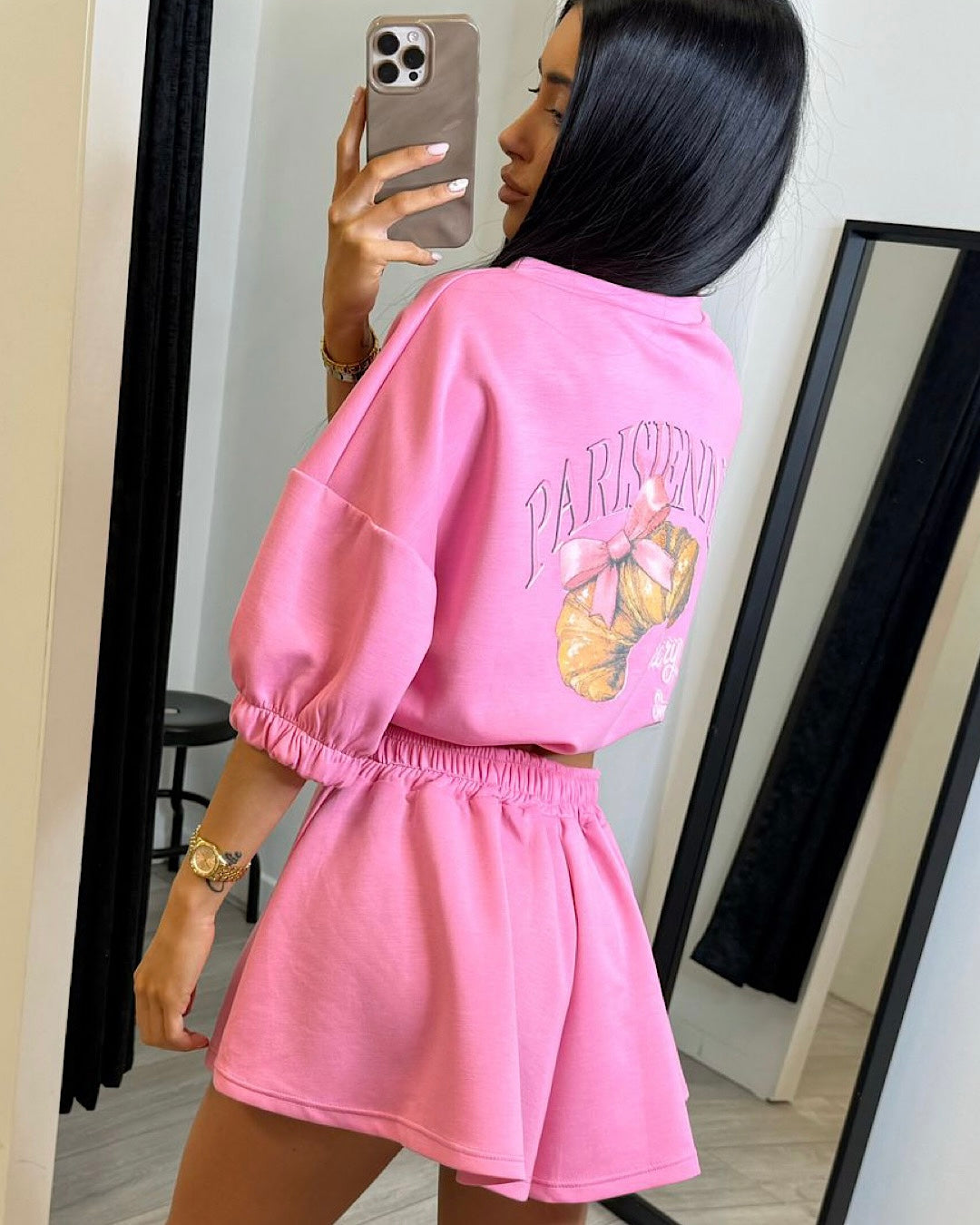Pink Croissant 🥐 Print Sweat and Shorts Set