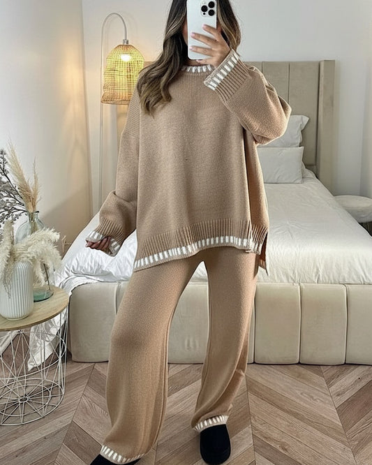 Taupe Contrast Stitch Knit Suit