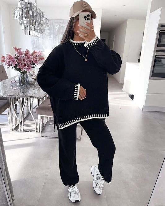 Black Contrast Stitch Knit Suit