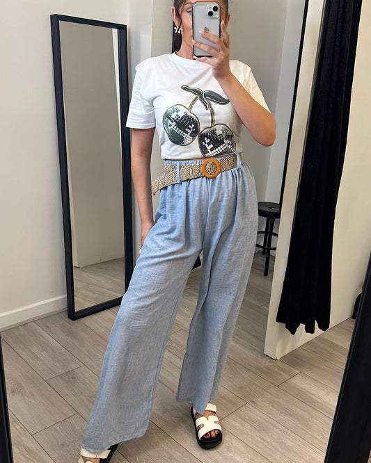 Blue Belted Linen Look Trousers