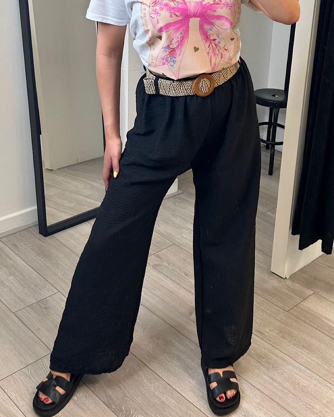 Black Belted Linen Look Trousers