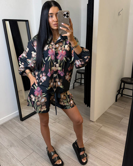 Black Floral Shirt and Shorts Set