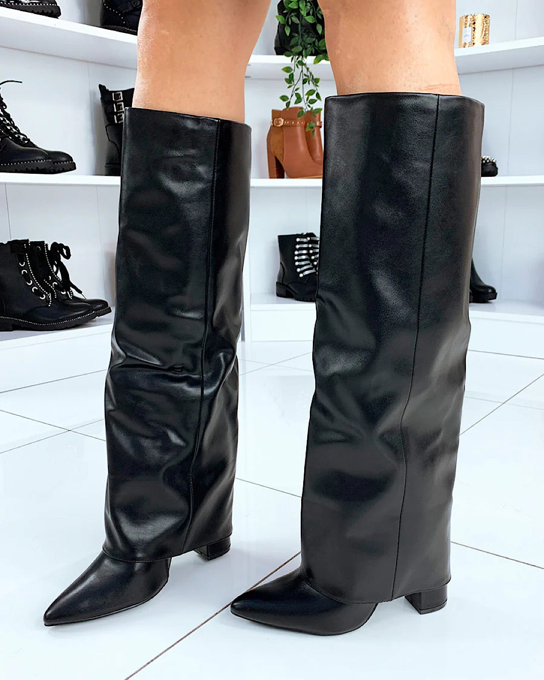 Black Fold Over Western Heeled Boots