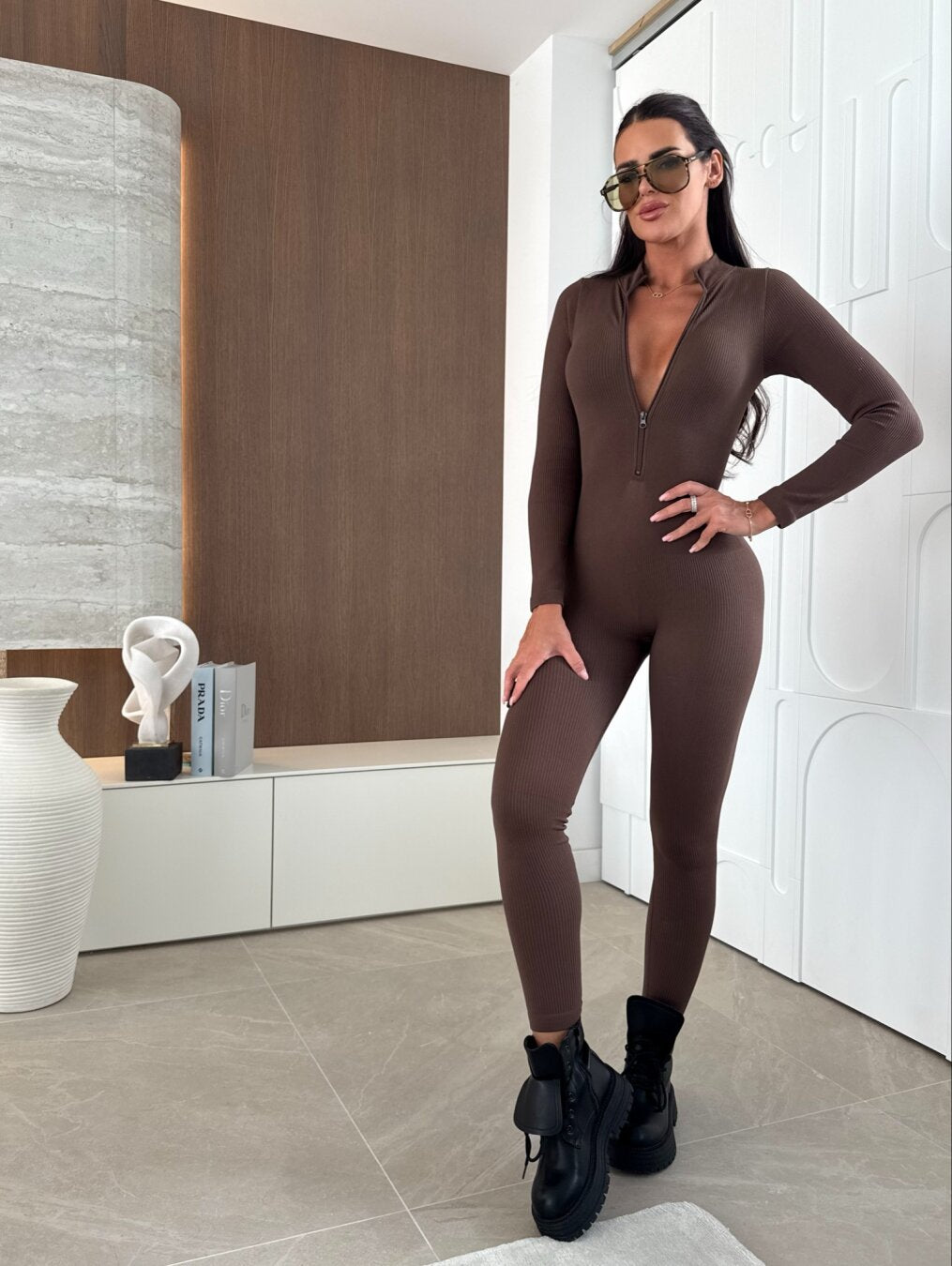 Chocolate Ribbed Zip Through Jumpsuit