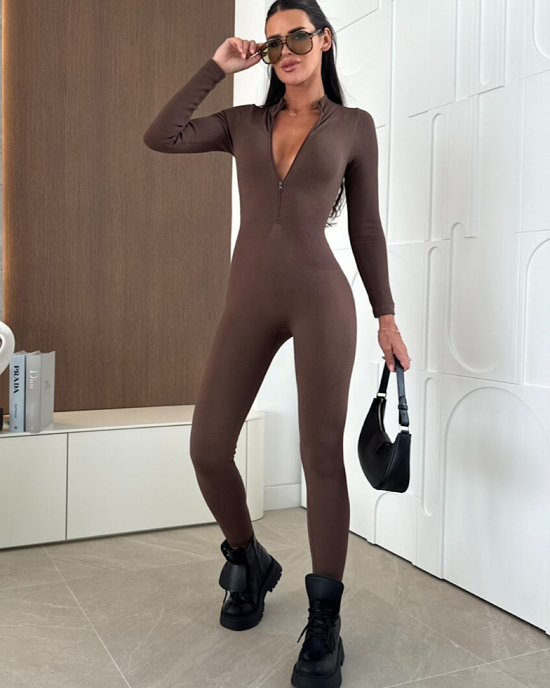 Chocolate Ribbed Zip Through Jumpsuit