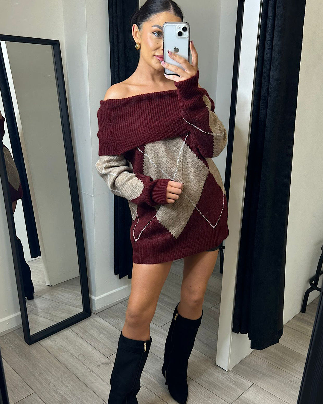 Wine Diamond Off The Shoulder Knit Dress