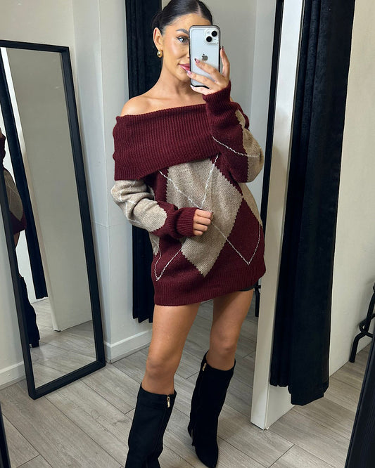 Wine Diamond Off The Shoulder Knit Dress