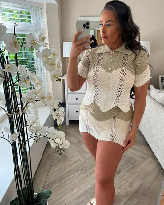 Crochet Polo Knit Top and Skirt Suit