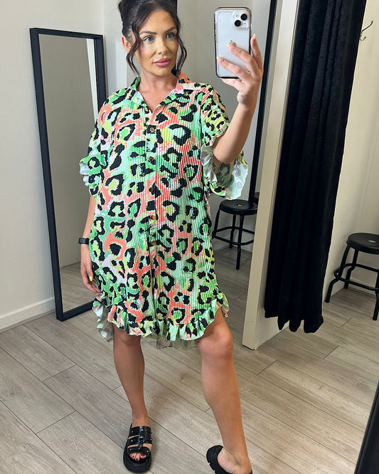 Animal Print Frill Hem Shirt Dress