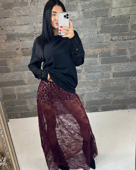 Wine Lace and Leopard Maxi Skirt