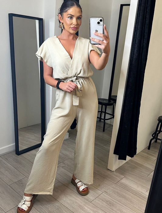 Beige Belted Wrap Over Jumpsuit