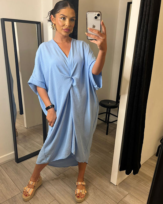 Sky Blue Oversized V Neck Knot Dress