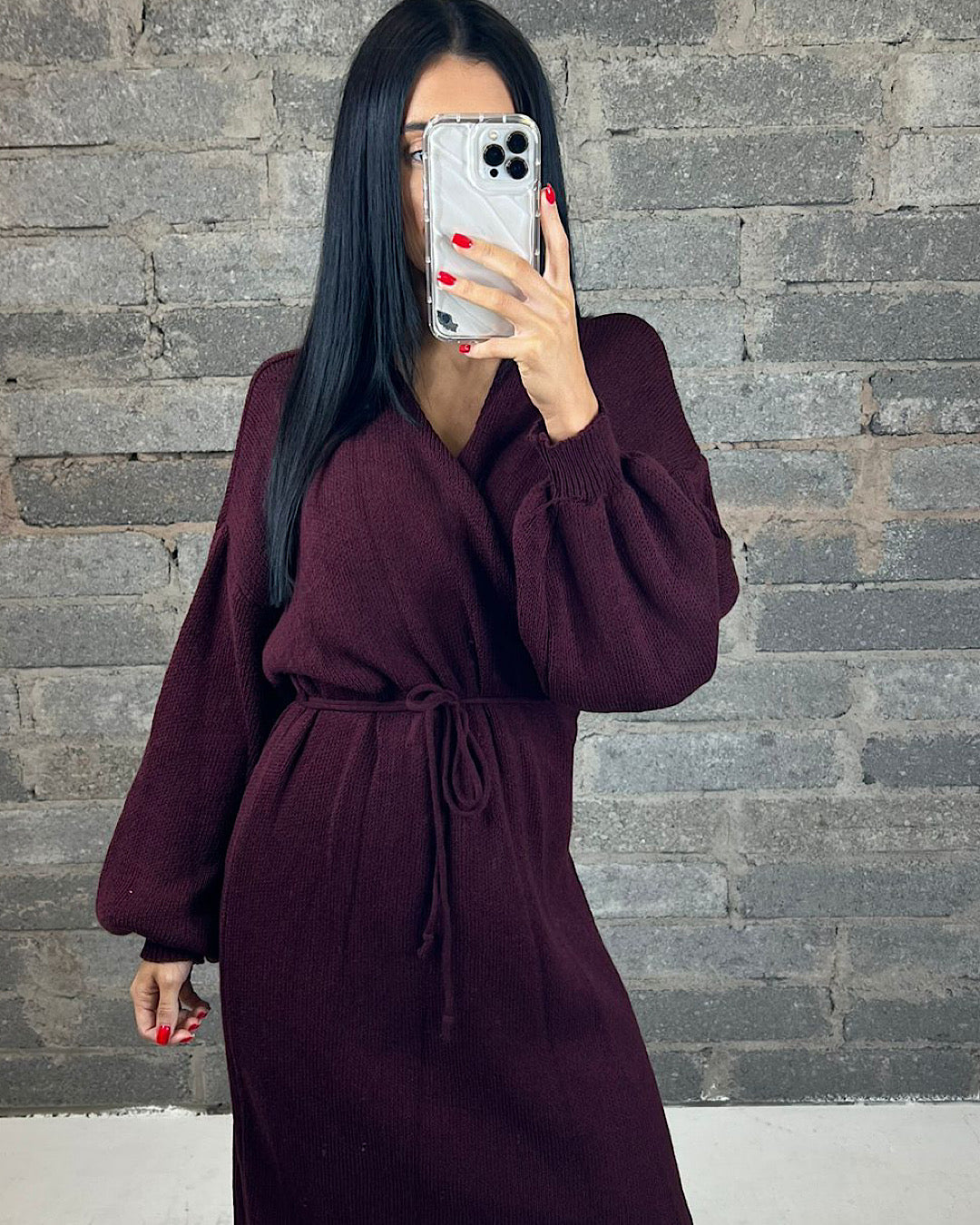 Burgundy Belted Knit Dress