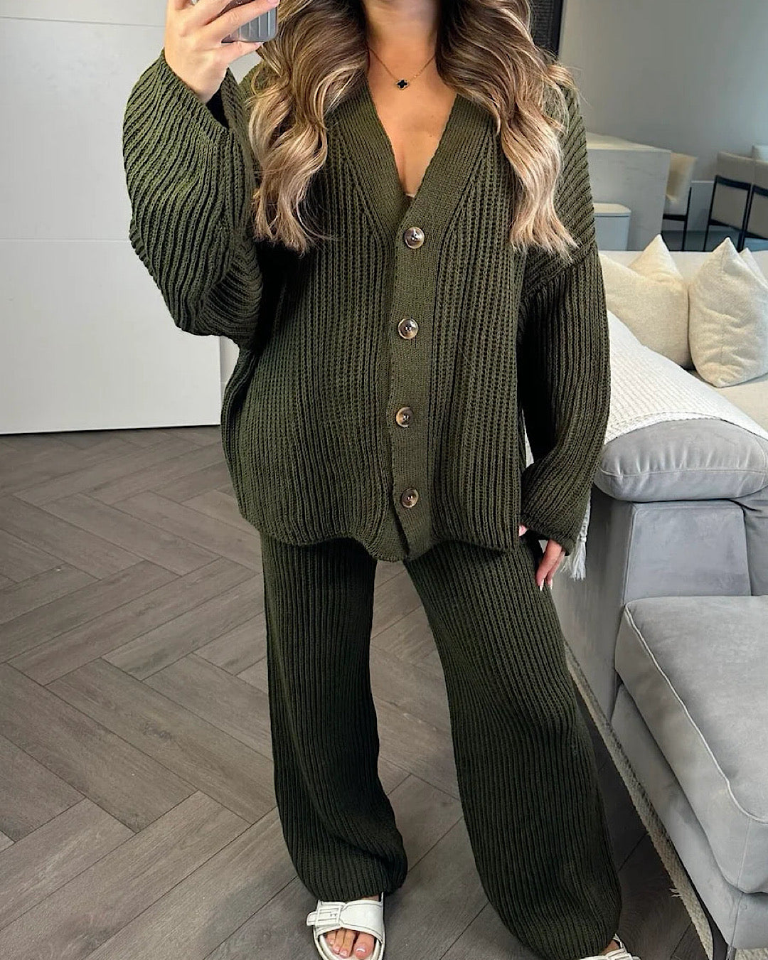 Khaki Knit Cardigan Suit