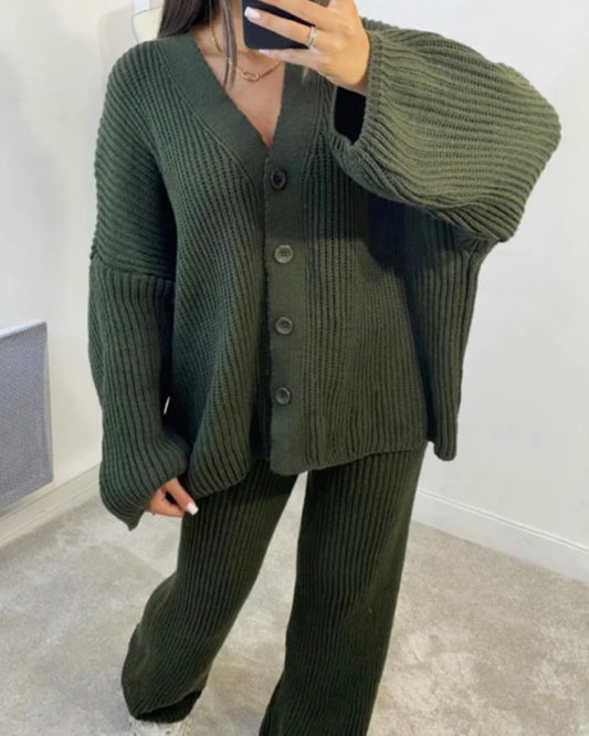 Khaki Knit Cardigan Suit