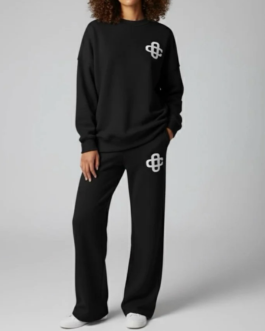 Black Contrast Motif Knit Suit