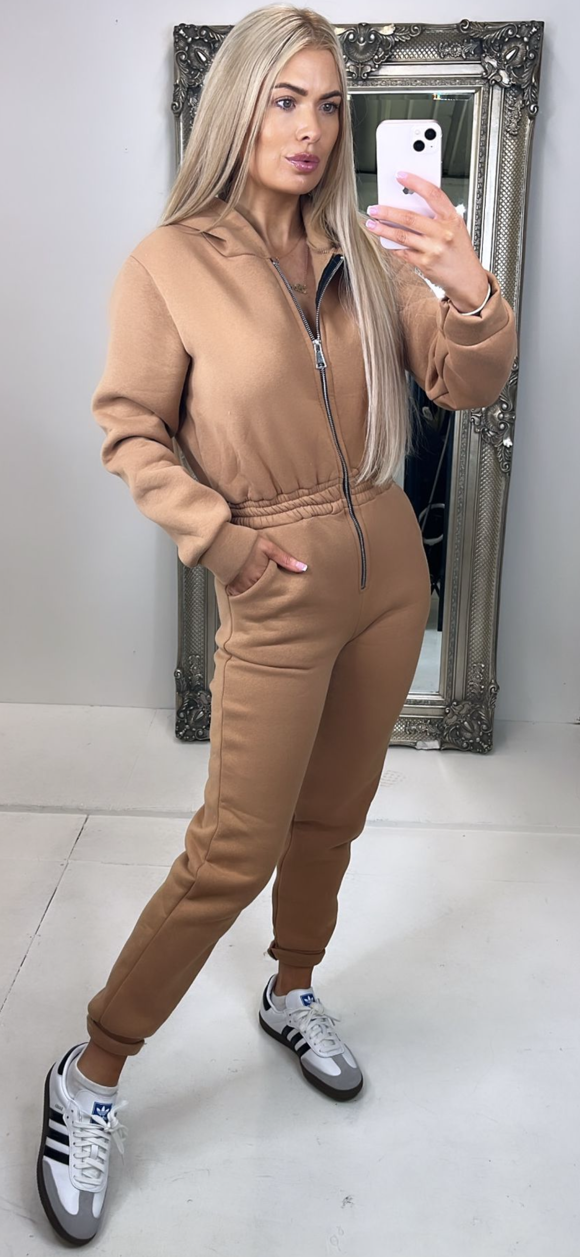 Camel Hooded Zip Up Jumpsuit