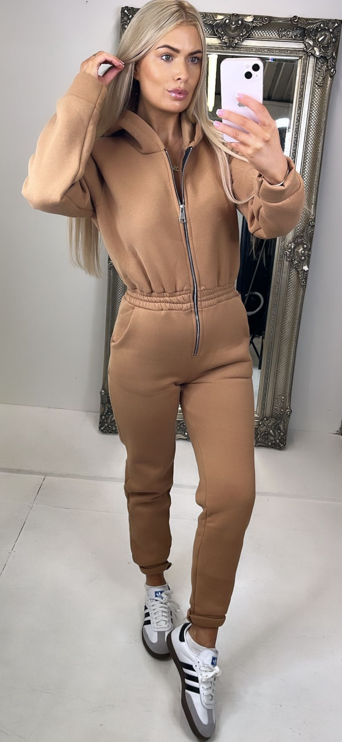 Camel Hooded Zip Up Jumpsuit