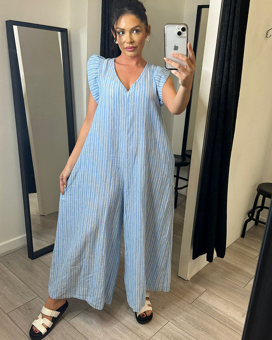 Blue Frill Shoulder Wide Leg Jumpsuit