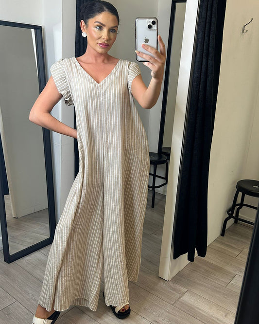 Beige Frill Shoulder Wide Leg Jumpsuit