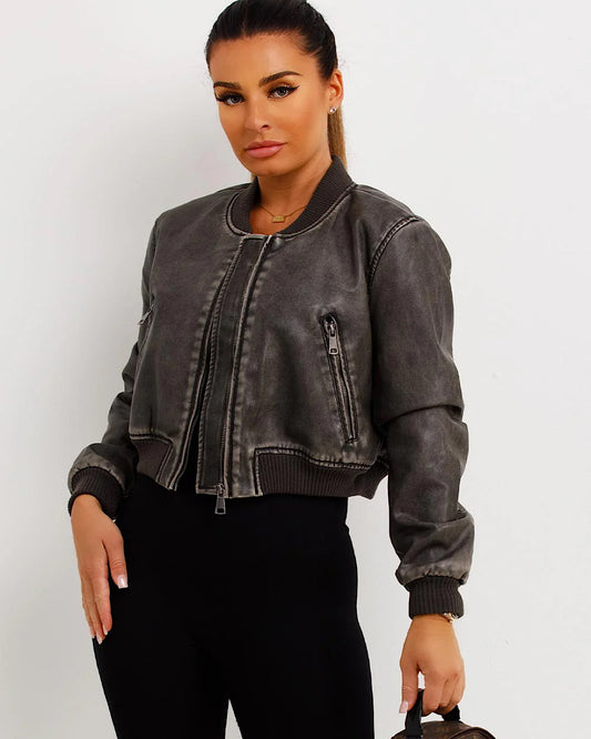 Grey Faux Leather Bomber Jacket