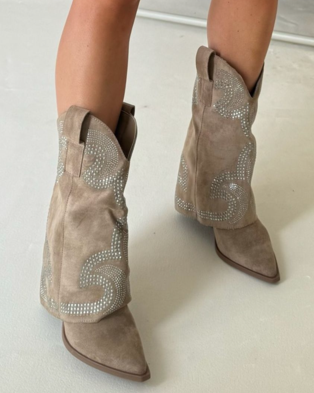 Beige Fold Over Cowboy Boots