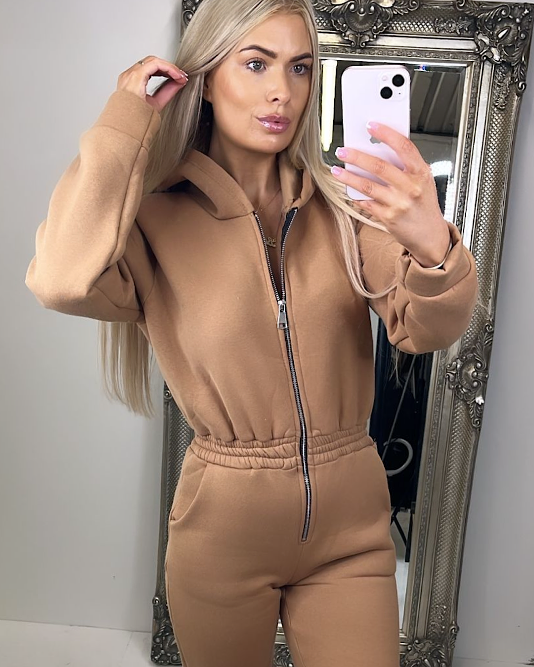 Camel Hooded Zip Up Jumpsuit