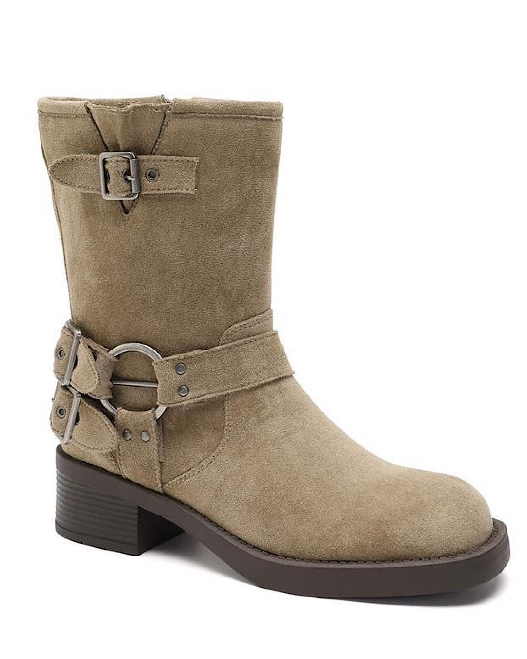 Khaki Flat Ankle Biker Boots