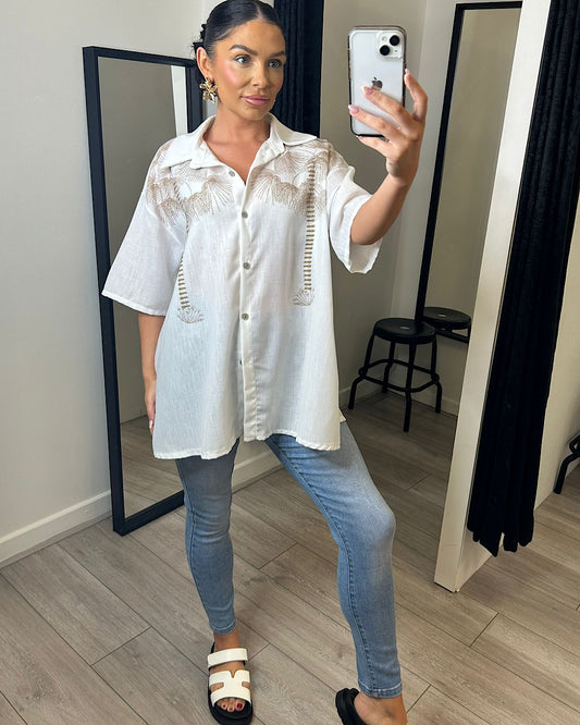 Oversized Beige Tropical Print Shirt