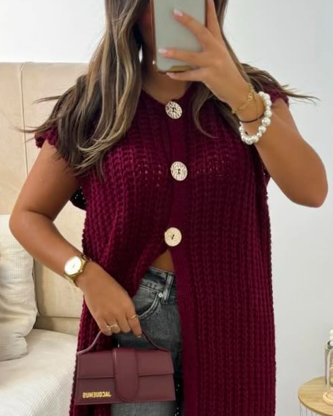 Burgundy Knit Sleeveless Cardigan