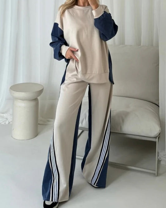 Beige Navy Suit with White Stripe