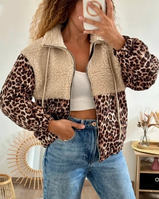 Leopard Print Beige Teddy Bomber Jacket