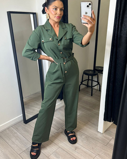 Khaki Belted Utility Jumpsuit