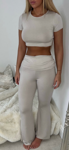 Beige Fold Over Flares and Crop Top Suit