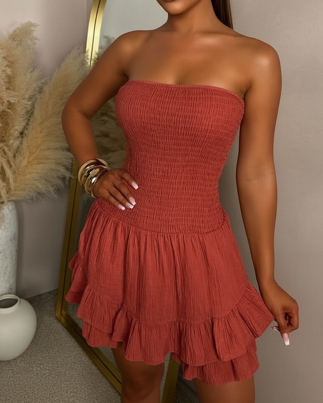 Rust Bandeau Frill Hem Playsuit