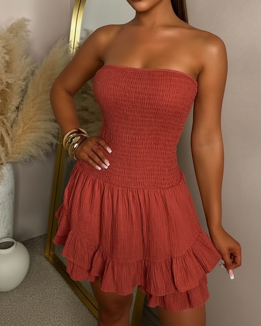 Rust Bandeau Frill Hem Playsuit