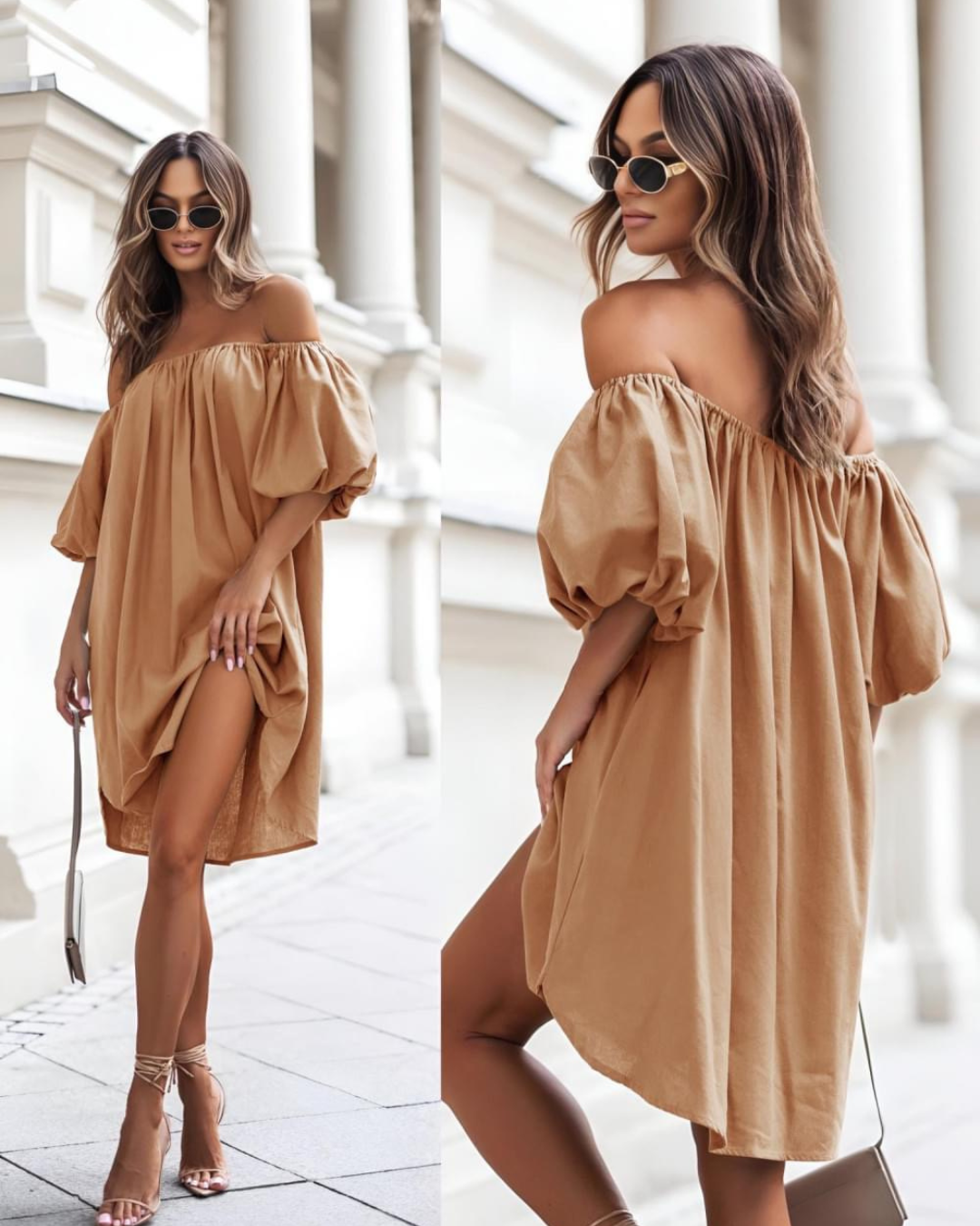 Camel Puff Shoulder Bardot Dress