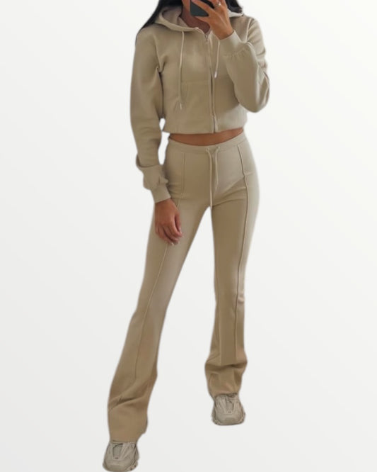 Beige Hooded Flare Loungewear Set