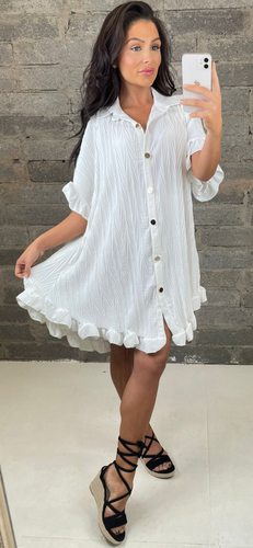 White Frill Hem Pleated Shirt Dress