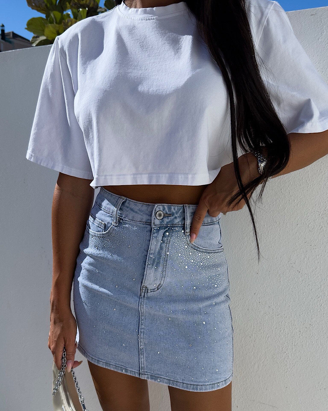 Blue Denim Diamante Skirt