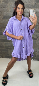 Lilac Frill Hem Pleated Shirt Dress