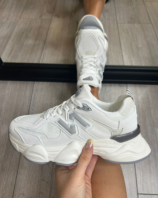 White Grey Chunky Lace Up Trainers