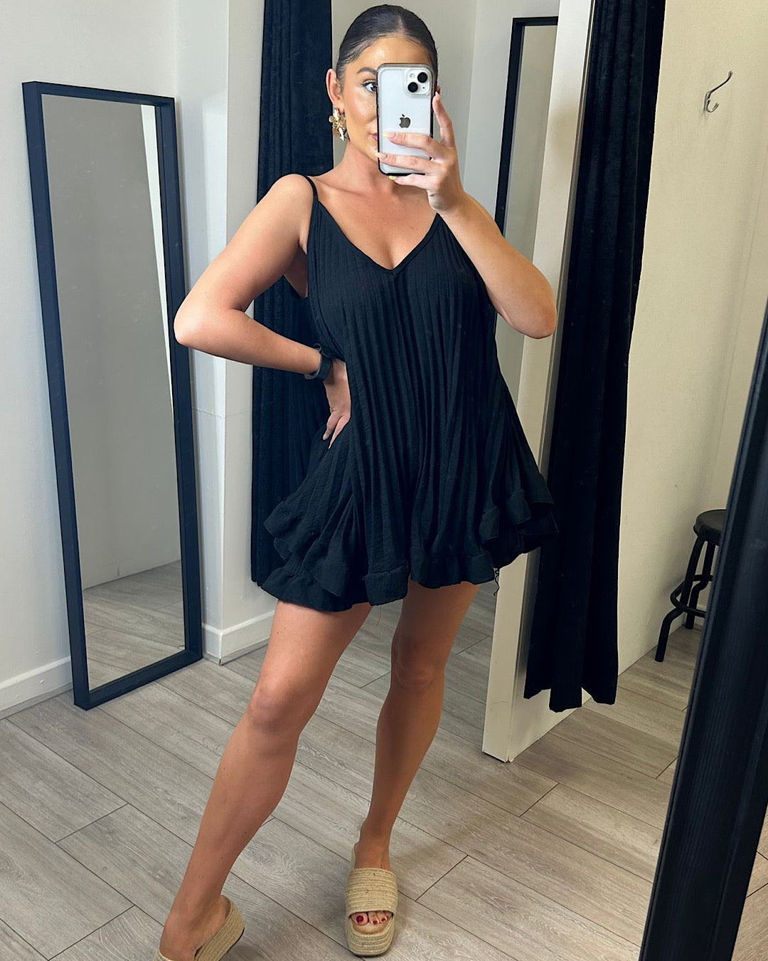 Black Pleated Top and Shorts Co Ord Suit