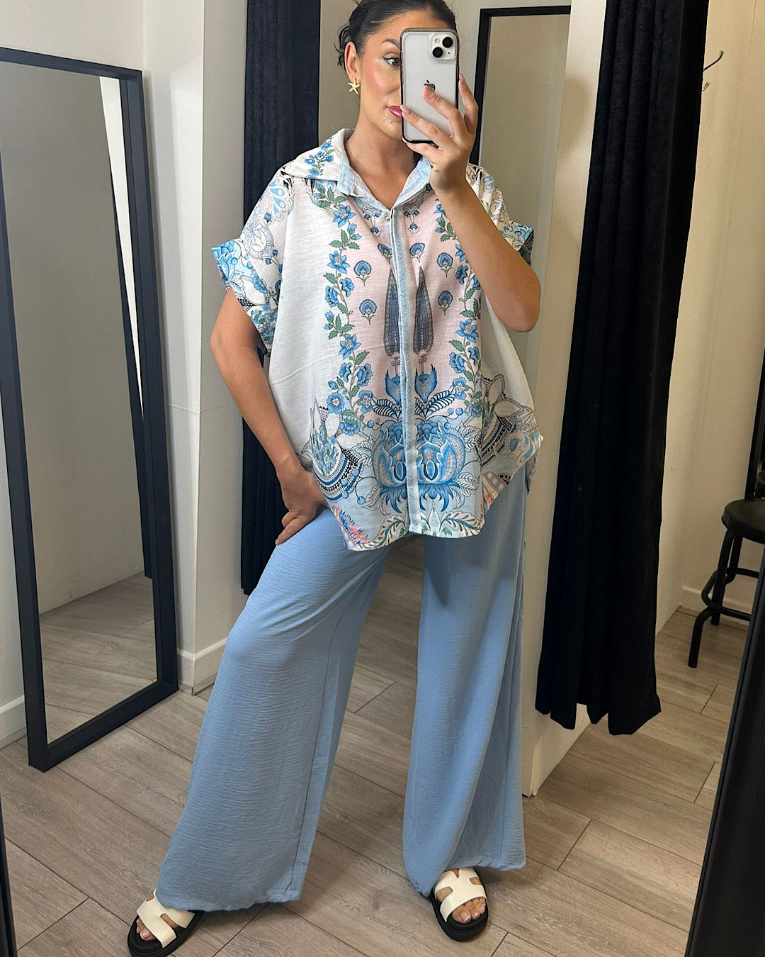 Blue Chiffon Wide Leg Trousers