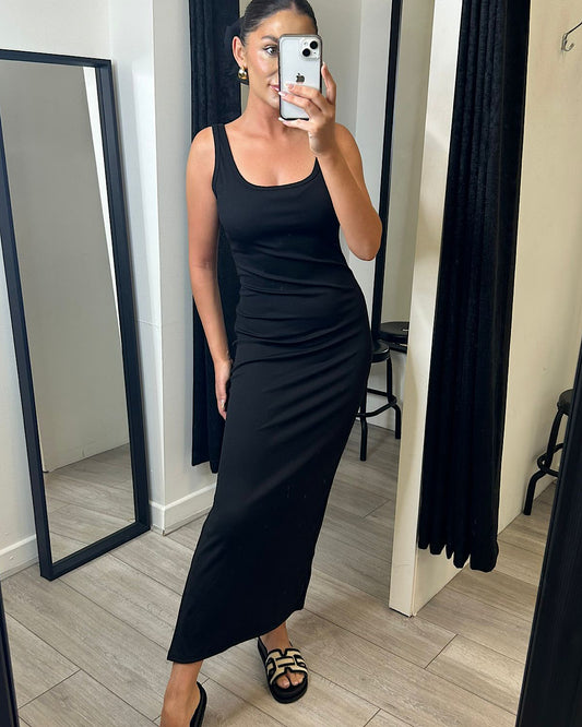 Black Ribbed Square Neck Maxi Dress